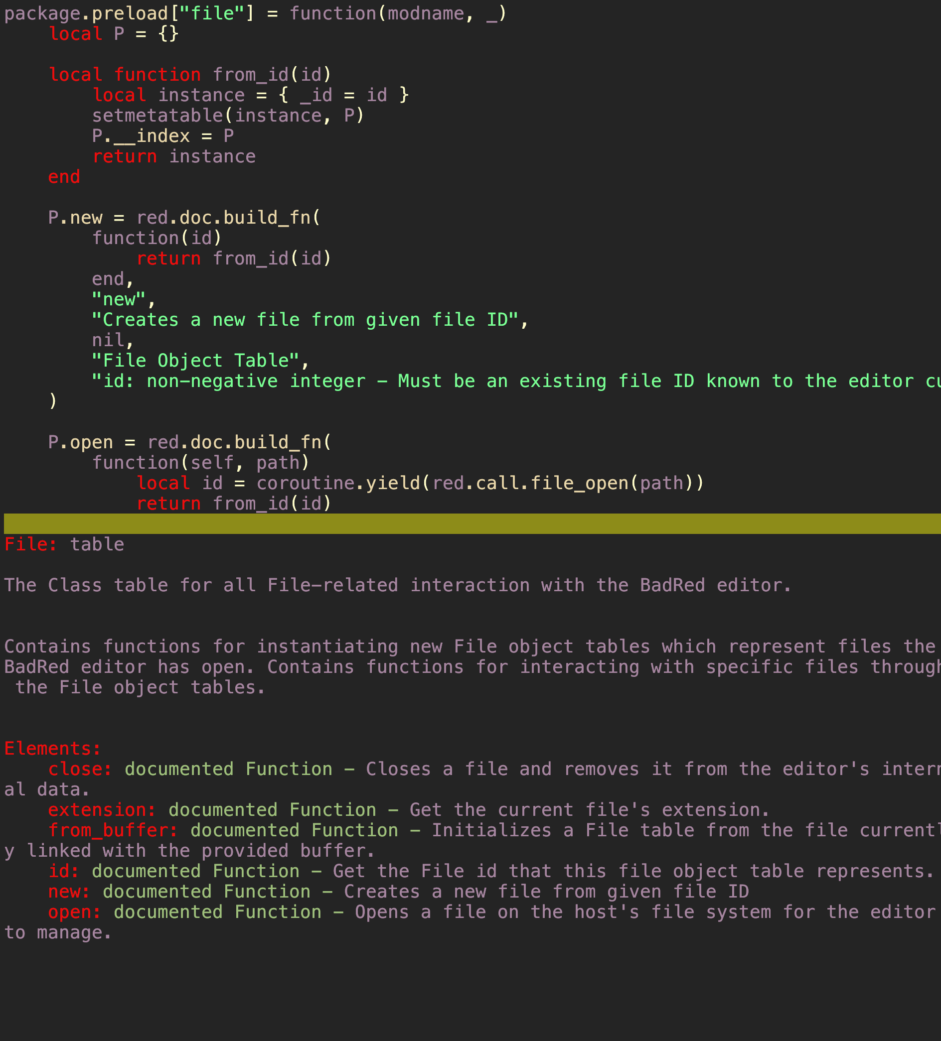 Example of BadRed editing its own scripting files with the 'help' pane open at the bottom.